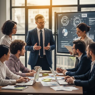 Business team in a meeting reviewing financial data on a screen, representing CFO services for marketing agencies and small businesses.